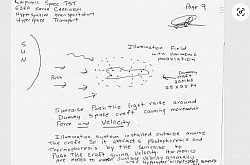 (Page 9) Activating the installed harmonic and illumination systems by remote control to start thermopheresis, photopheresis reactions with the sun rays to start pushing the drones illumination field simulating the radiation pressure effect gaining velocity