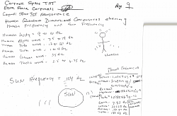 (Page 9) Human body frequency= 9 to 16 Hz, Human Alpha waves = 7.5 to 14 Hz, Human Beta waves-= 12 to 30 Hz, Human Delta waves= 1 to4 Hz, Human Gama waves= 35 Hz, Human Theta waves= 3.5 to 6.75 Hz.   Sun frequency= 104 Hz.  Planet Saturn=147.85 Hz, Planet Uranus=207.36 Hz, Planet Neptune= 211.44 Hz, Planet Pluto= 140.25 Hz, Planet Earth= 7.83 Hz, Planet Venus=221.23 Hz, Planet Mercury=141.27 Hz, Planet Jupiter=183.58, Dwarf Planet Eris=45 to 22 Khz